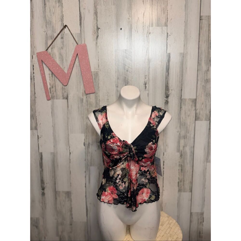 Rebellious Dreamer Floral Lace Tie Front Sleeveless Top Medium Sheer Black Pink